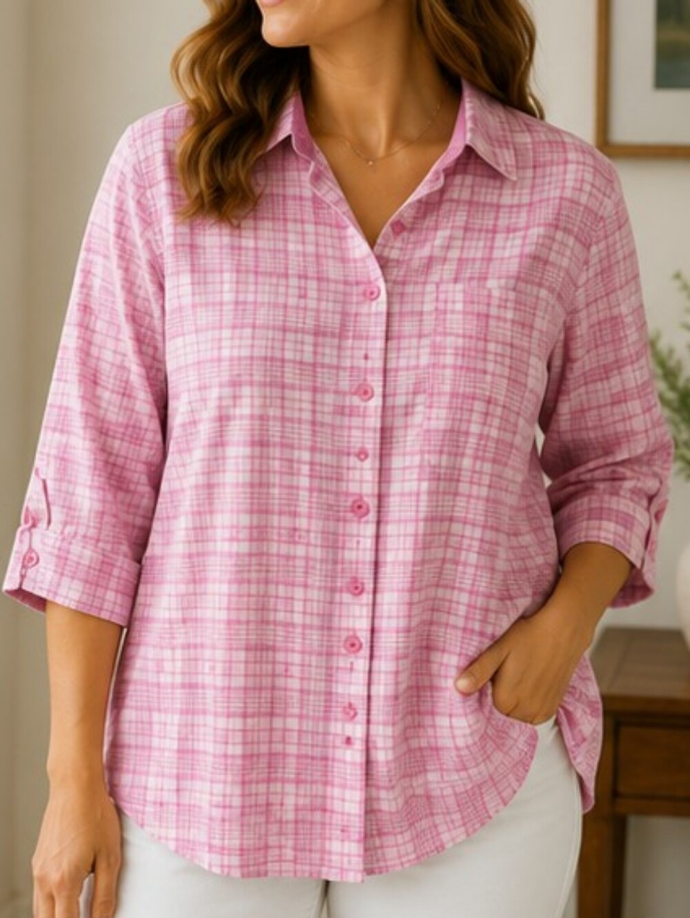 CJ Banks Pink Plaid Cotton Button Up Tunic Top 3X
